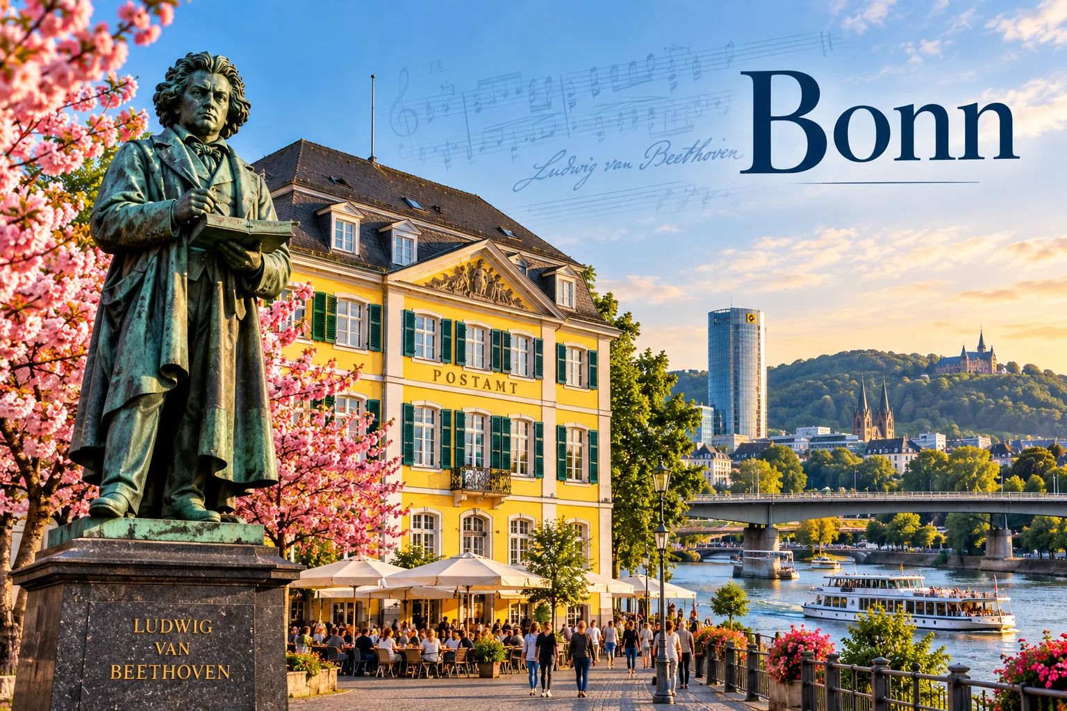 Bonn mit Beethoven-Denkmal, Altem Postamt und Blick auf den Rhein