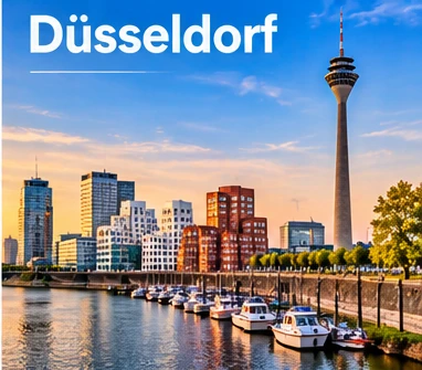 Düsseldorfer Medienhafen mit Rheinturm und Booten im Abendlicht