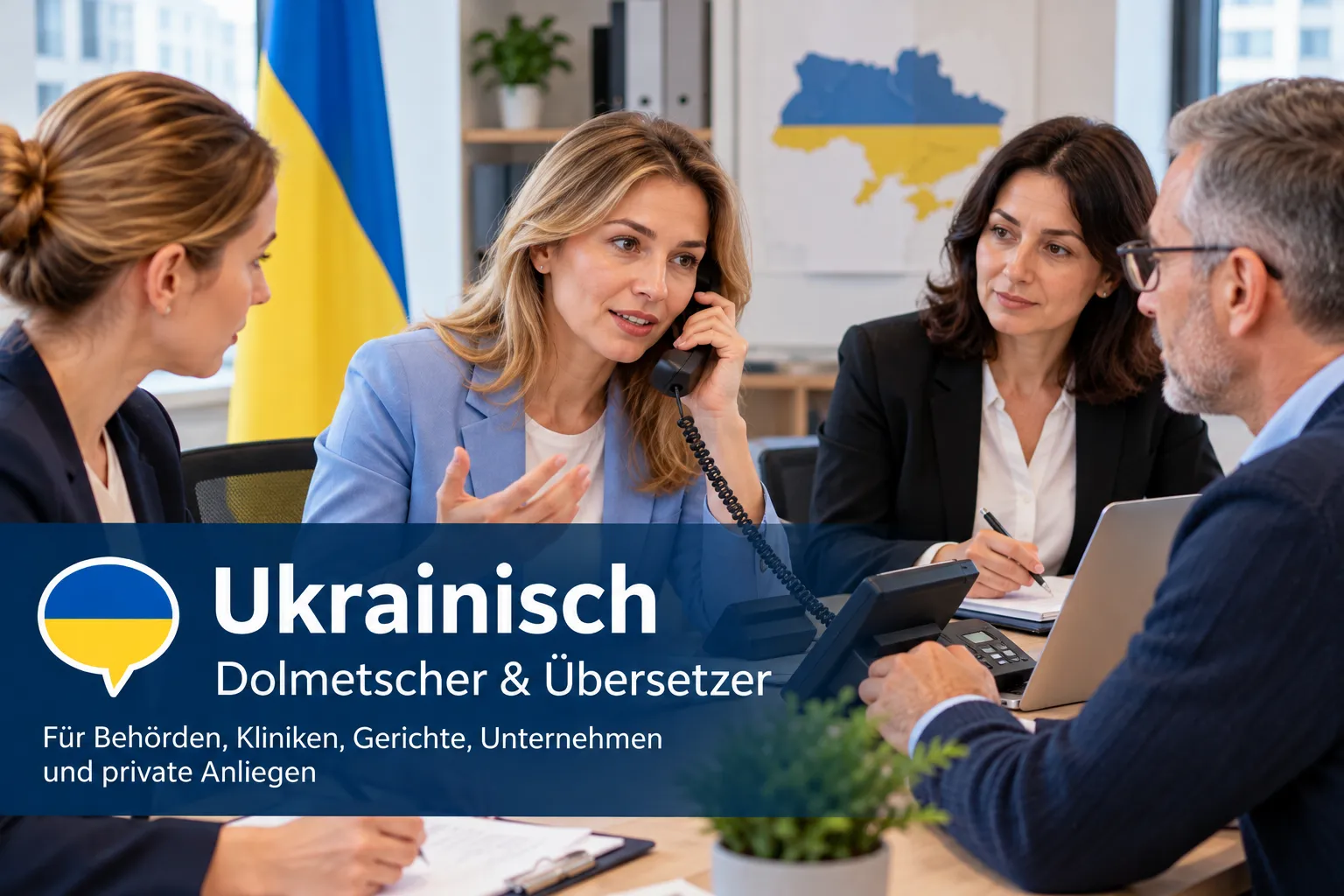Ukrainisch-Dolmetscherin im Büro mit ukrainischer Flagge und Landkarte