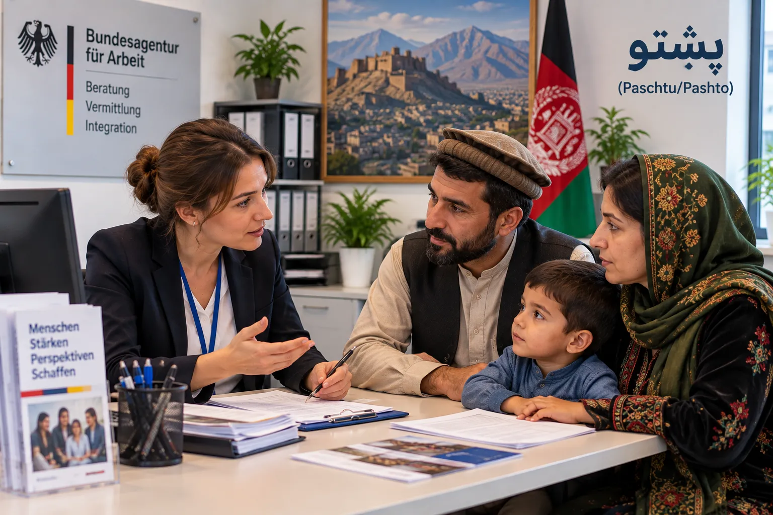 Paschtu-Dolmetscherin bei einem Beratungsgespräch mit einer afghanischen Familie bei der Bundesagentur für Arbeit