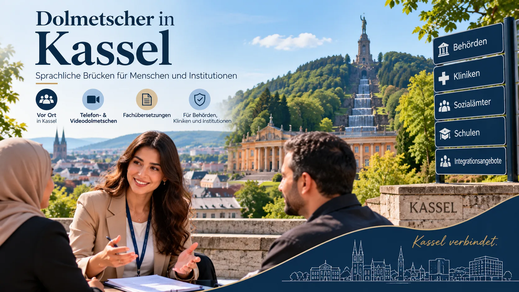 Dolmetscherin im Gespräch vor dem Bergpark Wilhelmshöhe mit Herkules und Schloss in Kassel