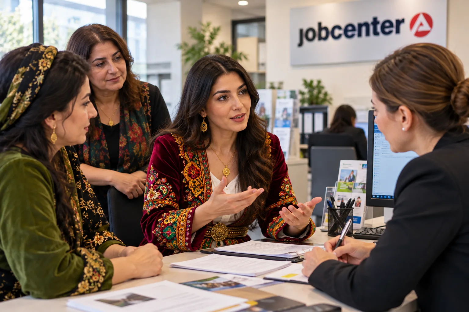 Kurdische Dolmetscherin im traditionellen Gewand beim Beratungsgespräch im Jobcenter