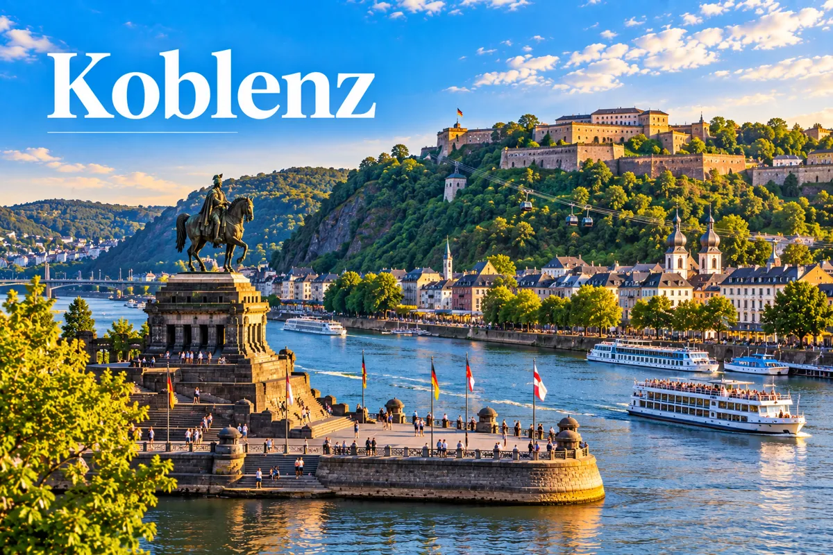 Deutsches Eck in Koblenz mit Reiterstandbild, Rhein, Ausflugsschiffen und Festung Ehrenbreitstein