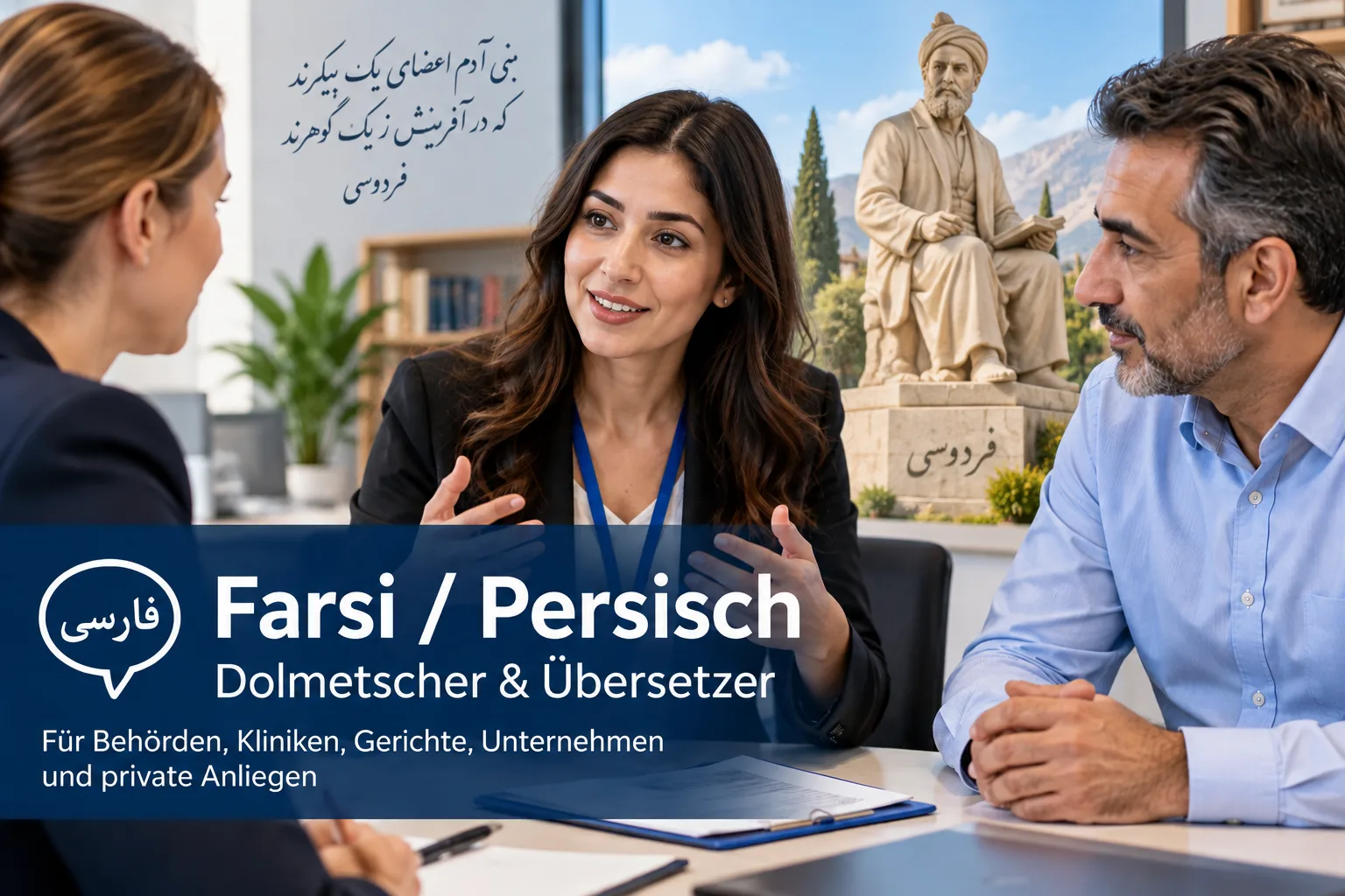 Beratungsgespräch mit Farsi-Schrift und Statue des Dichters Ferdosi