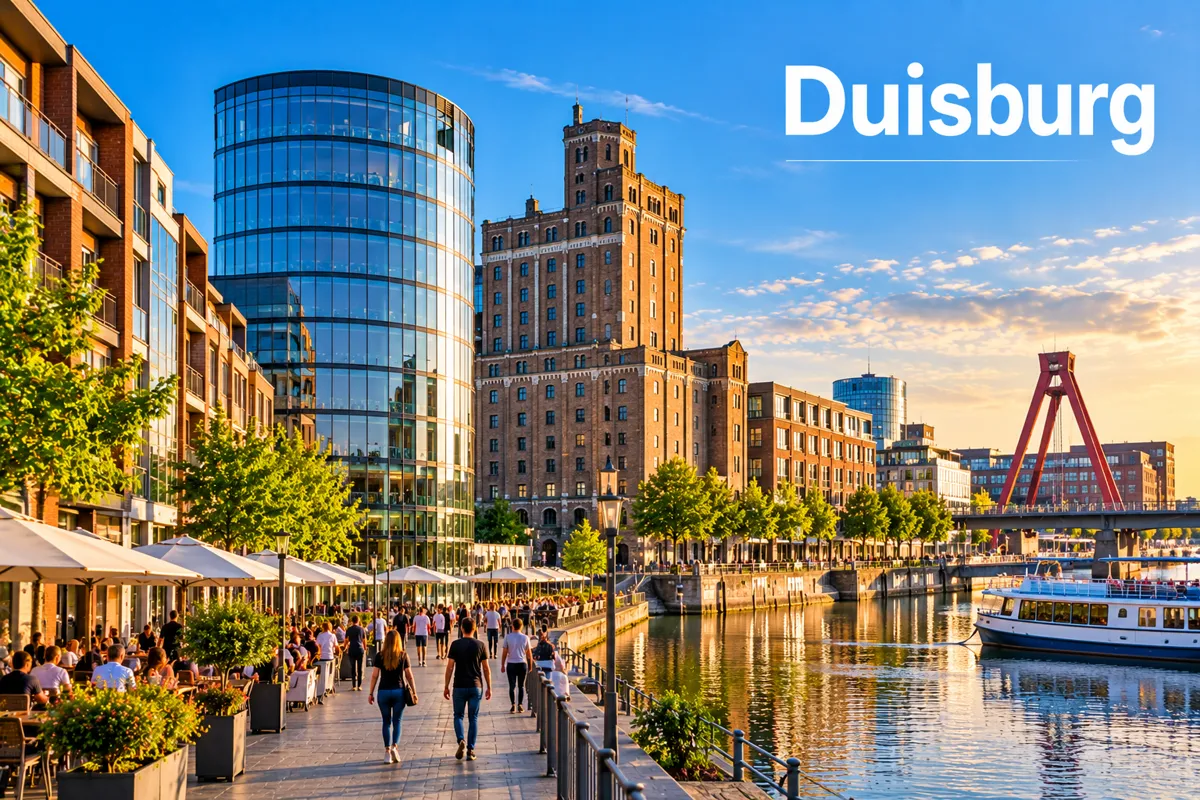 Duisburger Innenhafen mit Uferpromenade und Speichergebäuden bei Sonnenuntergang