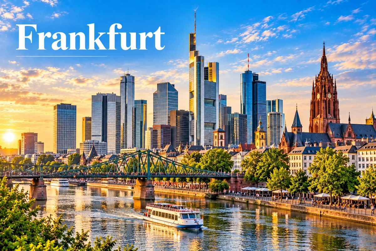 Frankfurter Skyline mit Eisernem Steg, Main und Kaiserdom bei Sonnenuntergang