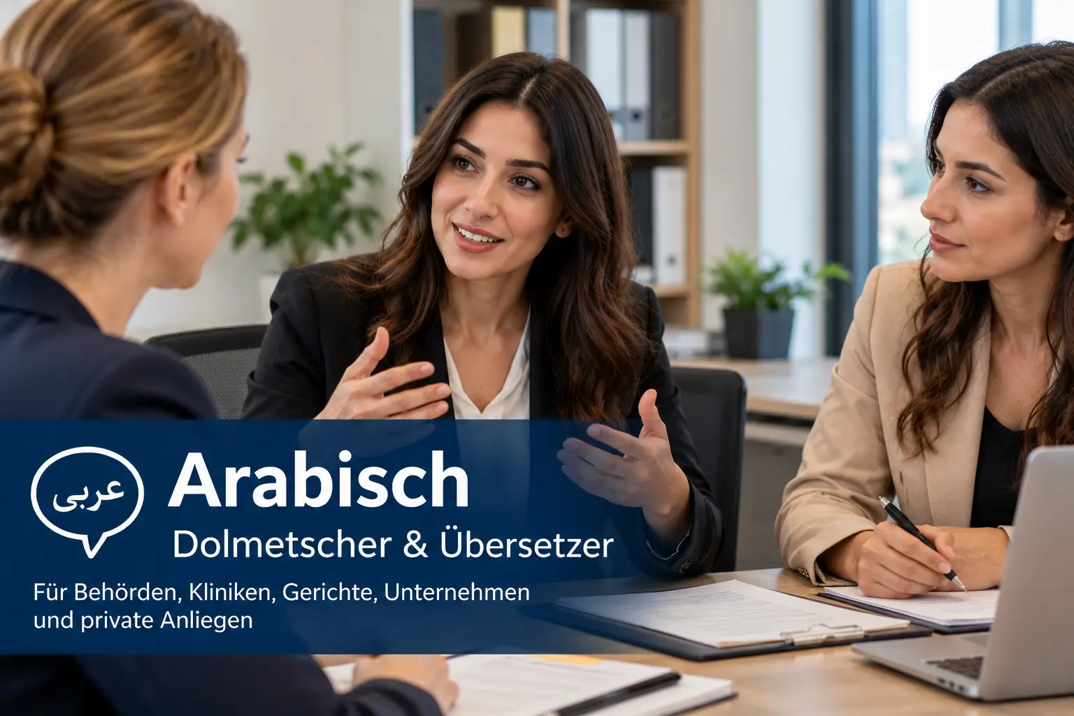 Arabisch-Dolmetscherin bei einem Gespräch mit zwei Kundinnen im Büro