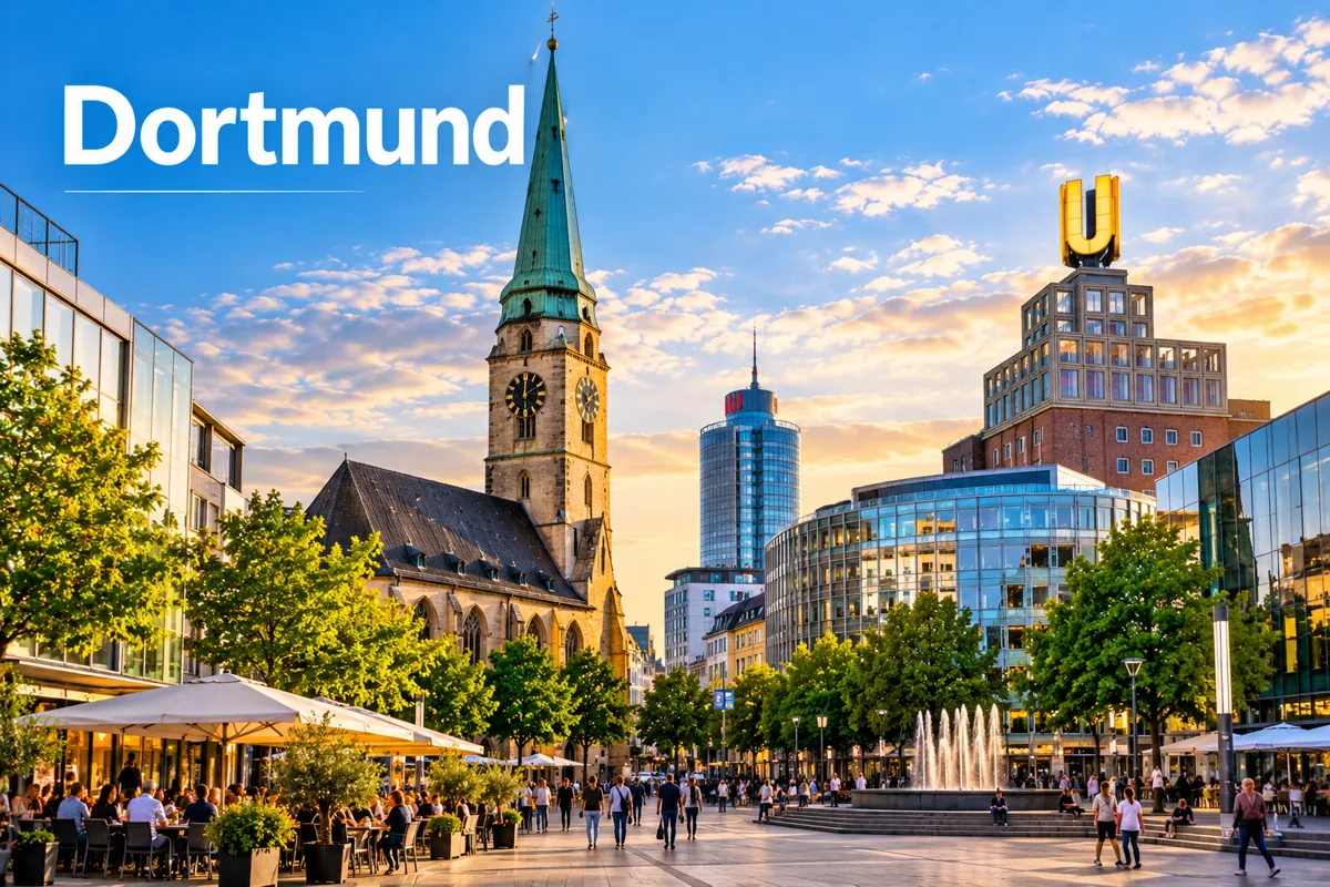 Dortmunder Innenstadt mit Reinoldikirche und Dortmunder U im Abendlicht