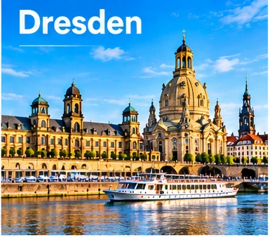 Dresdner Frauenkirche und Altstadt am Elbufer mit Ausflugsschiff