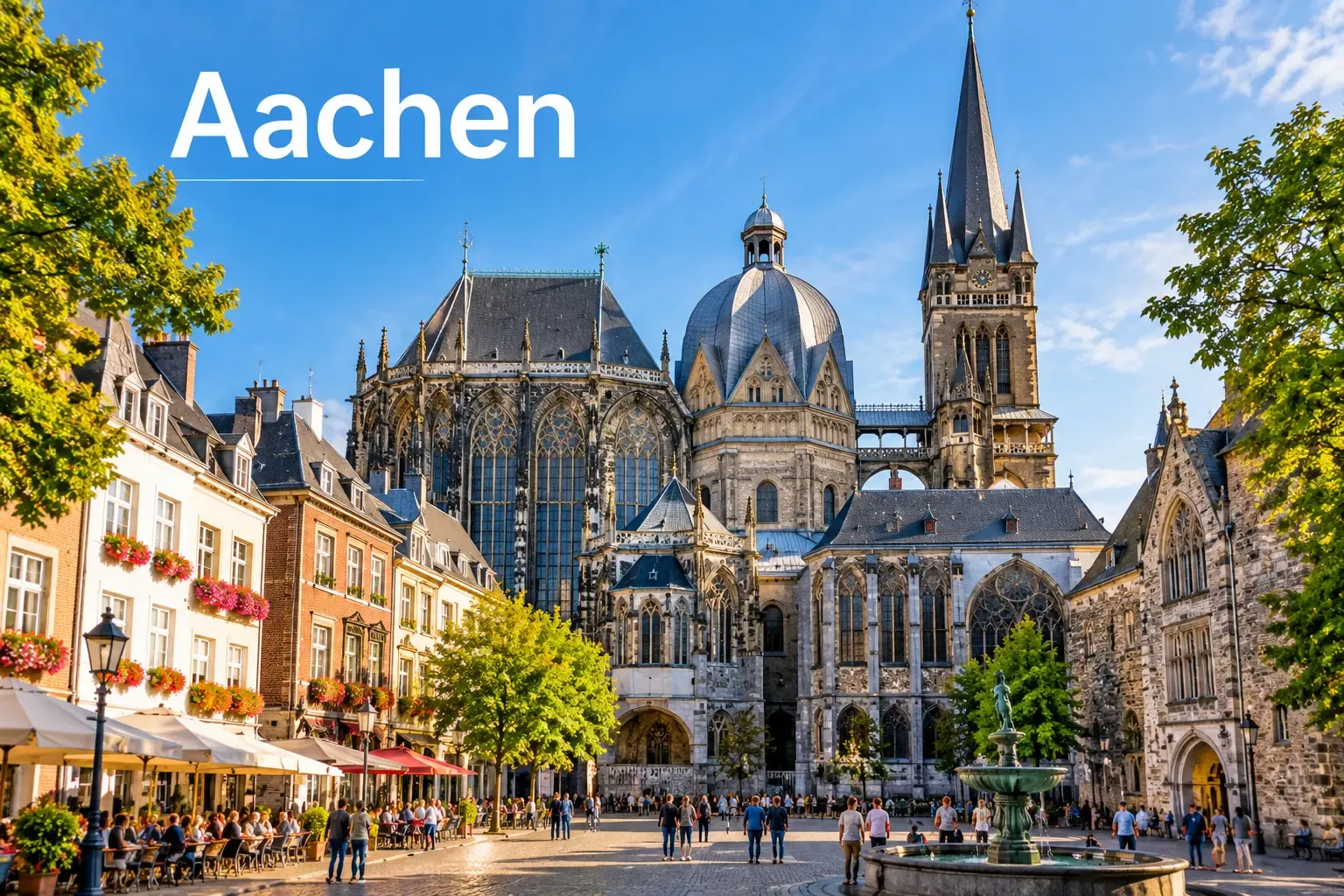 Aachener Dom am sonnigen Marktplatz in Aachen