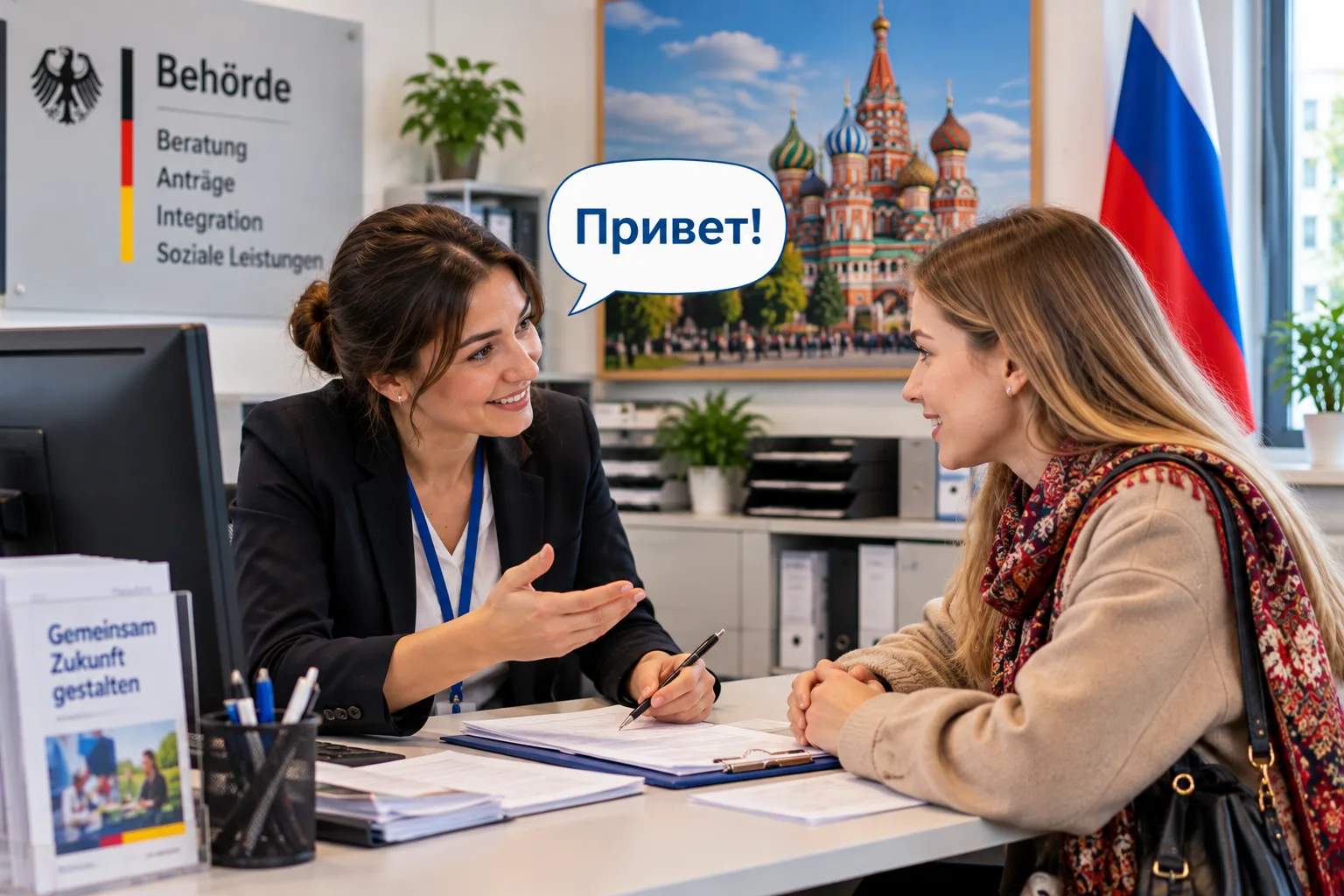 Russisch-Dolmetscherin bei einem Beratungsgespräch in einer Behörde