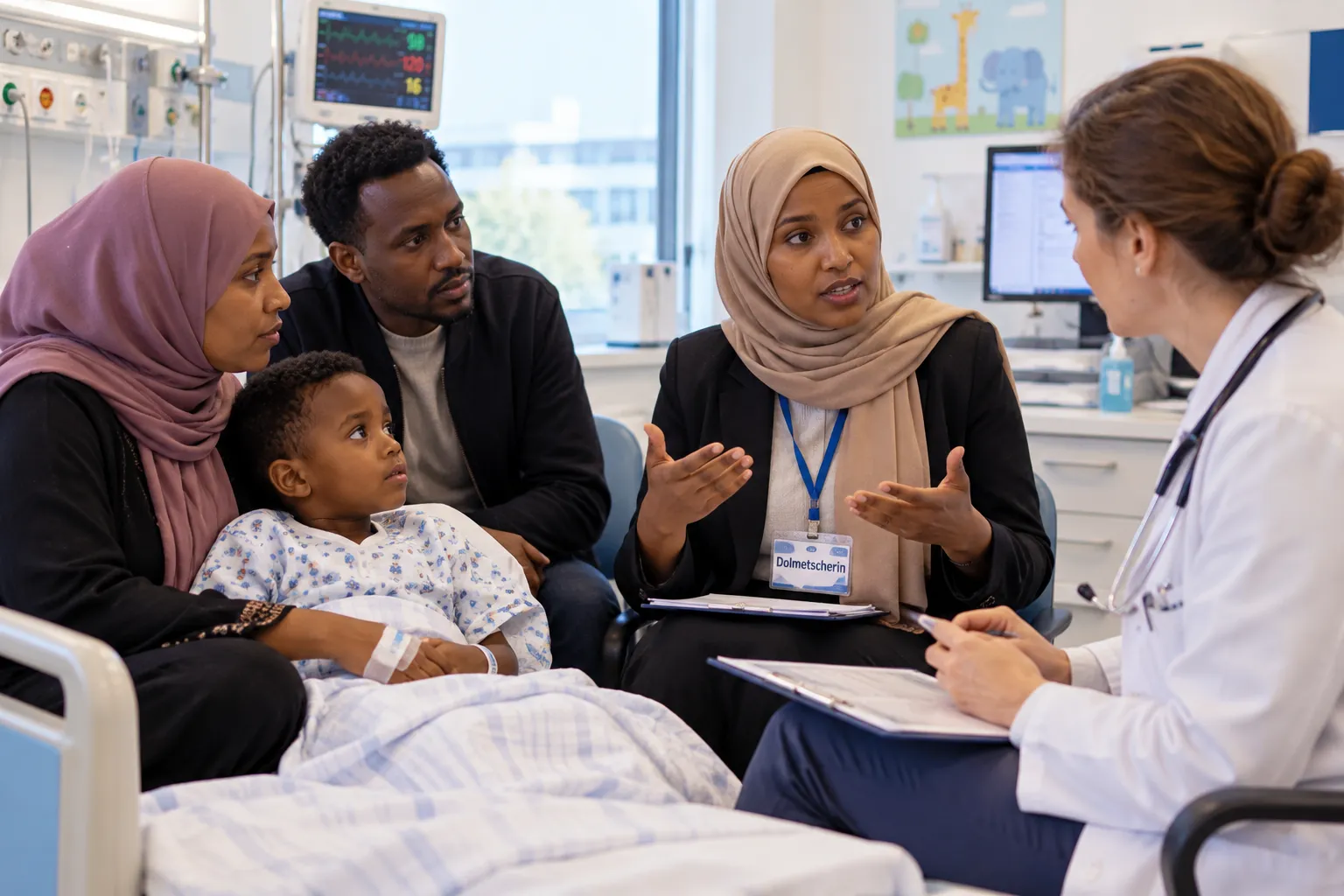 Somalisch-Dolmetscherin vermittelt bei einem Krankenhausgespräch zwischen einer somalischen Familie und einer Ärztin