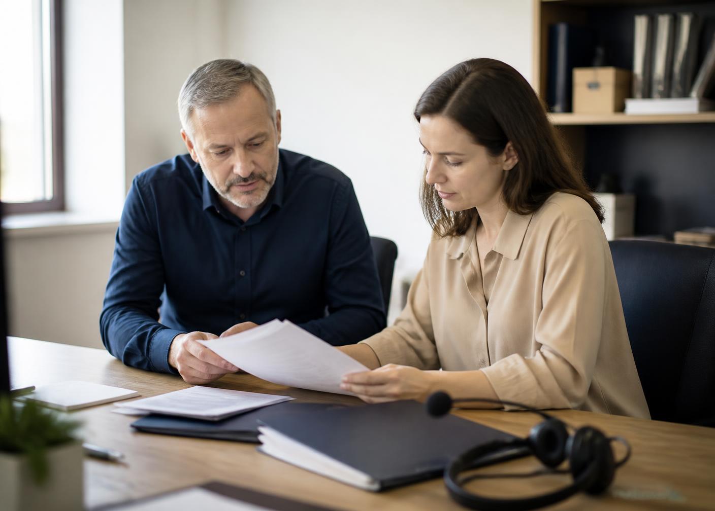 Zwei Mitarbeitende der Agentur besprechen Unterlagen für einen Dolmetscheinsatz