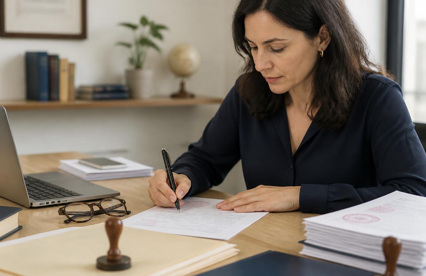 Ermächtigte Übersetzerin bestätigt eine Urkundenübersetzung mit Stempel und Unterschrift