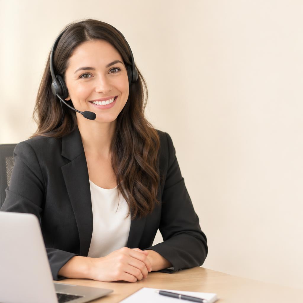 Freundliche Dolmetscherin mit Headset bei der Arbeit